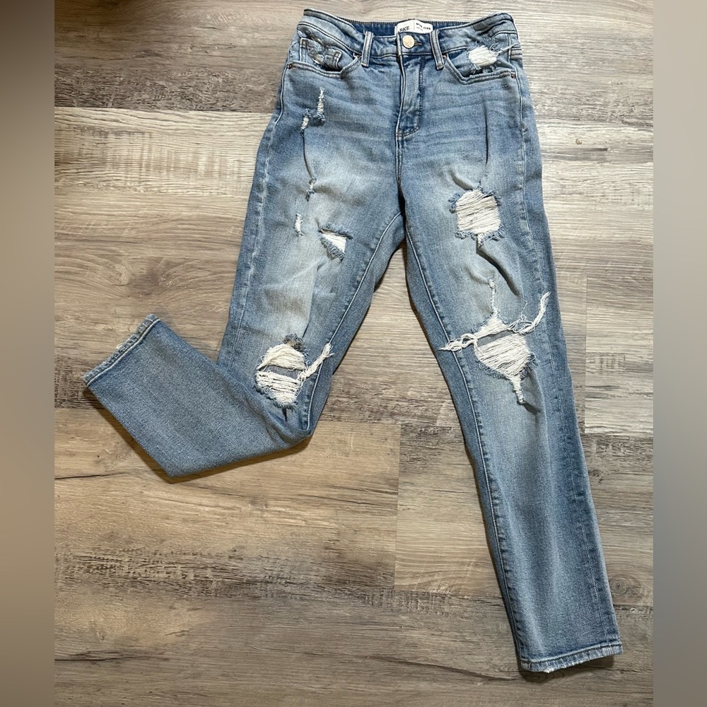 BKE High Rise Rolak Blue Distressed Slight Stretch MOM Jeans Women’s Size 25